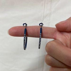 Vintage navy blue metal hoop earrings with rhinestones